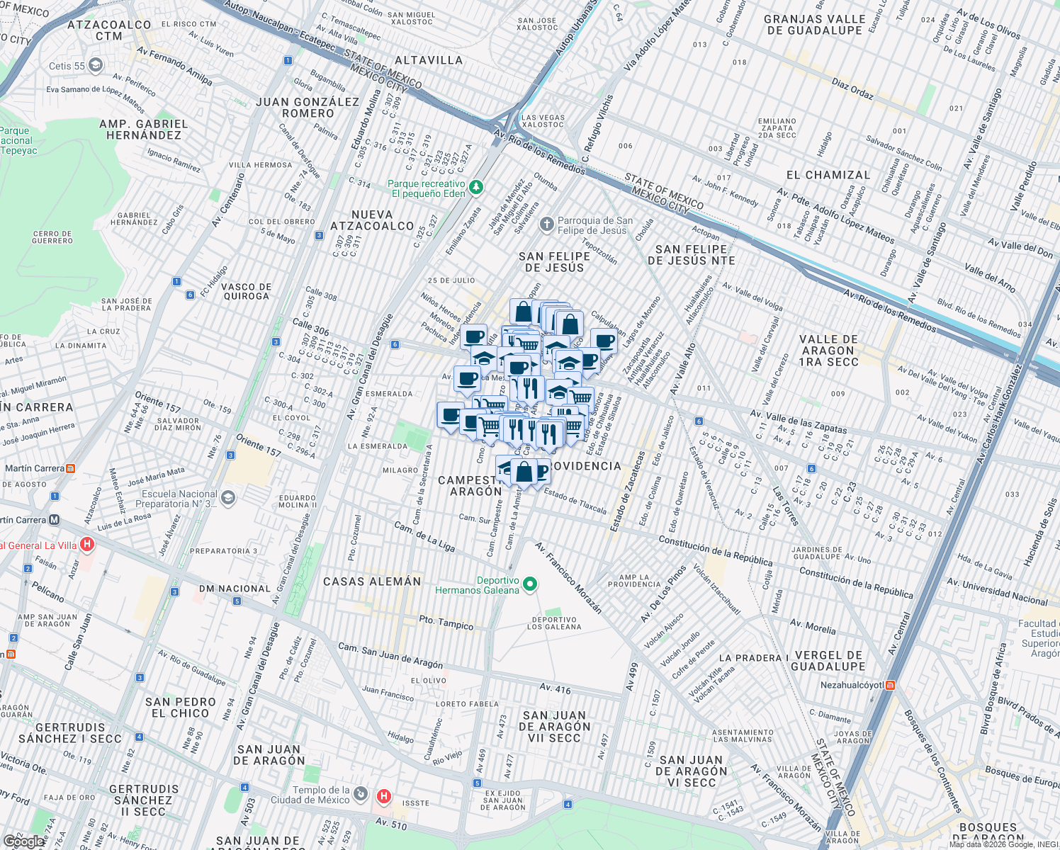 map of restaurants, bars, coffee shops, grocery stores, and more near 216 Camino de La Amistad in Ciudad de México