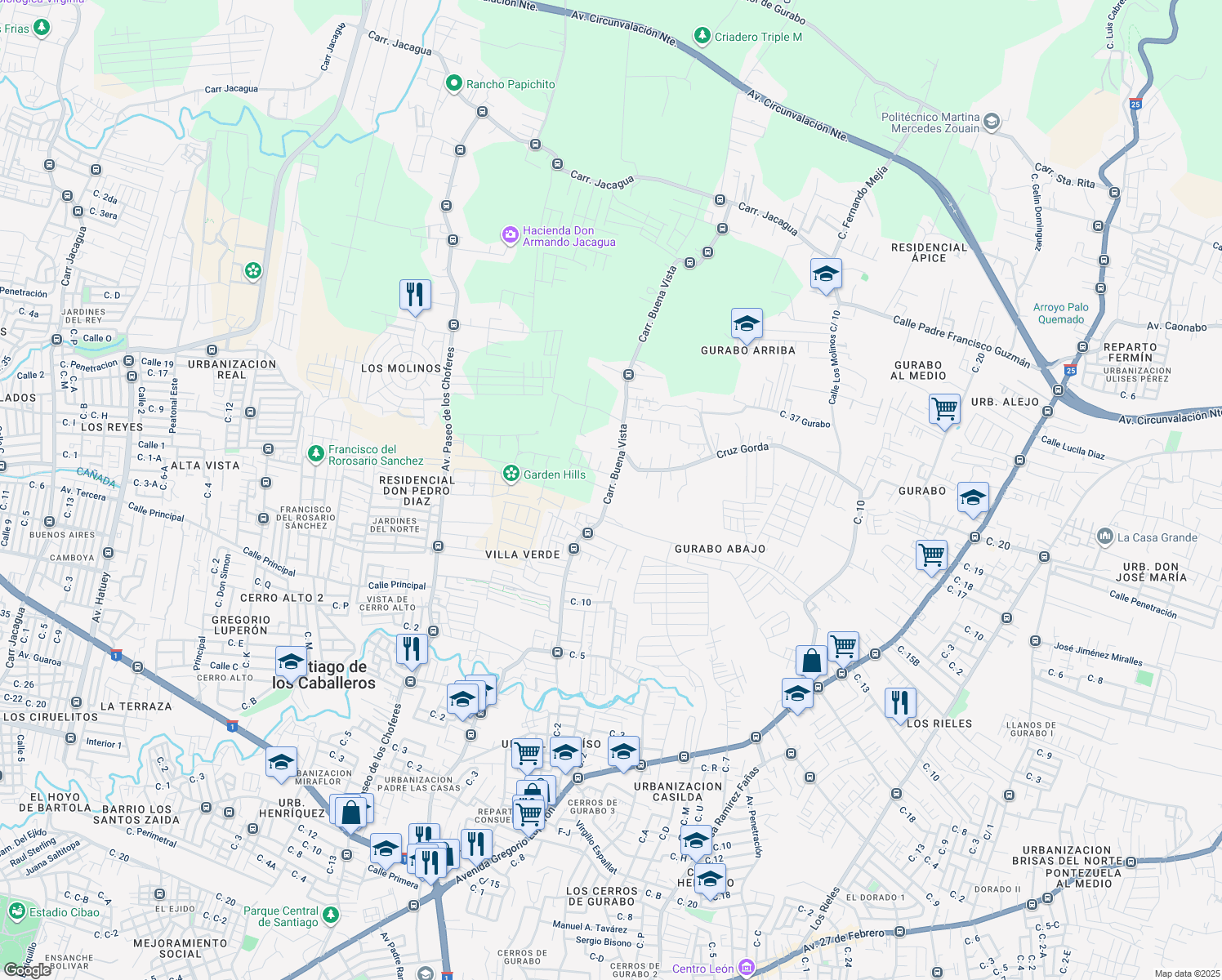 map of restaurants, bars, coffee shops, grocery stores, and more near Calle Buena Vista in Santiago De Los Caballeros