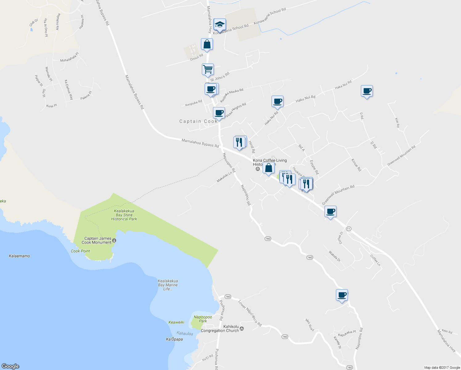 map of restaurants, bars, coffee shops, grocery stores, and more near 82-6181 Napoopoo Road in Captain Cook