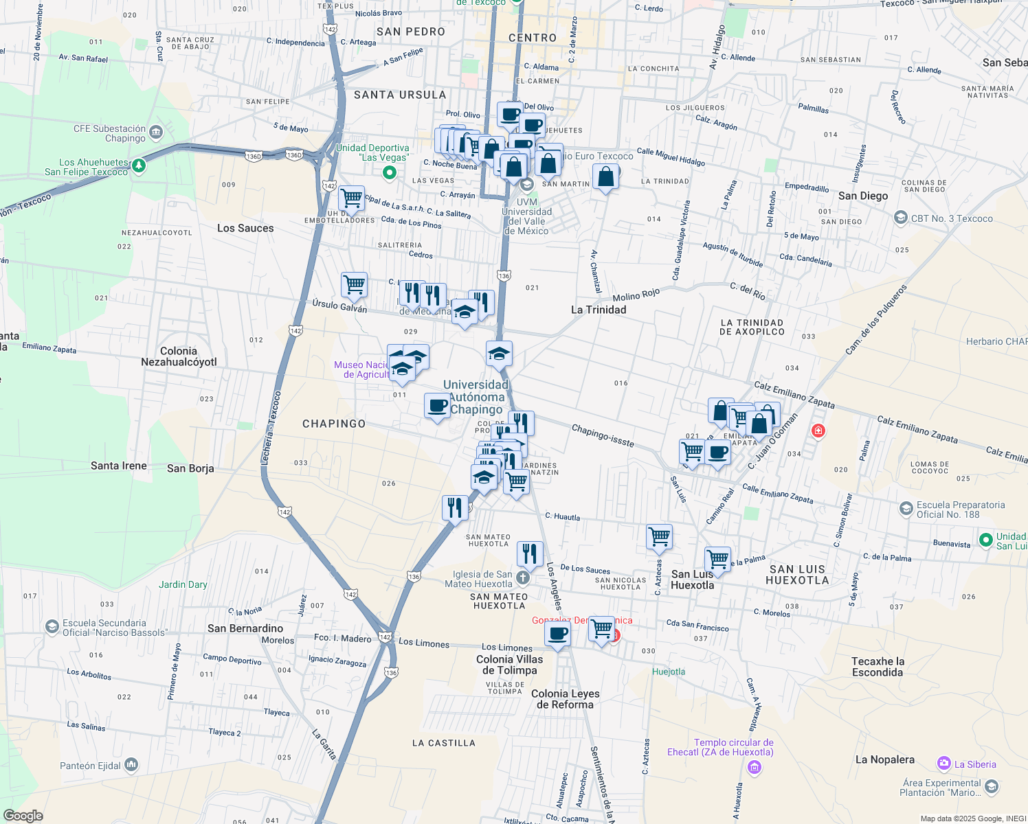 map of restaurants, bars, coffee shops, grocery stores, and more near 5 Carretera Federal México-Texcoco in Texcoco
