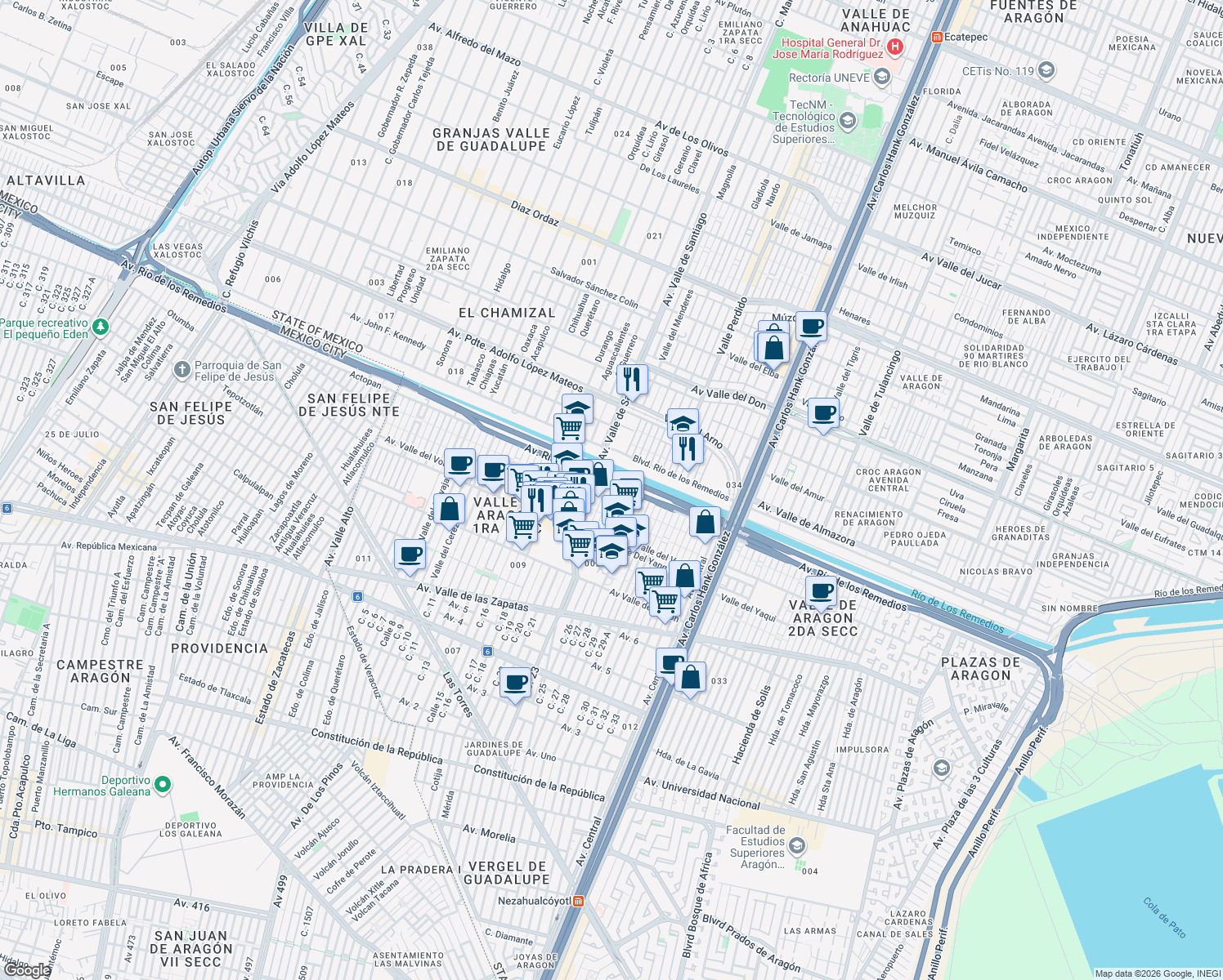 map of restaurants, bars, coffee shops, grocery stores, and more near 17 Valle Juárez in Nezahualcóyotl