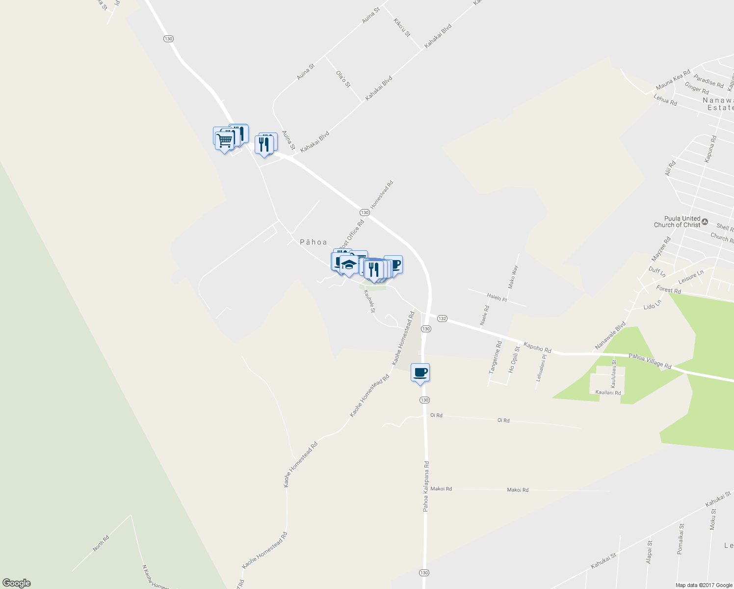 map of restaurants, bars, coffee shops, grocery stores, and more near Kuuhome Street in Pāhoa
