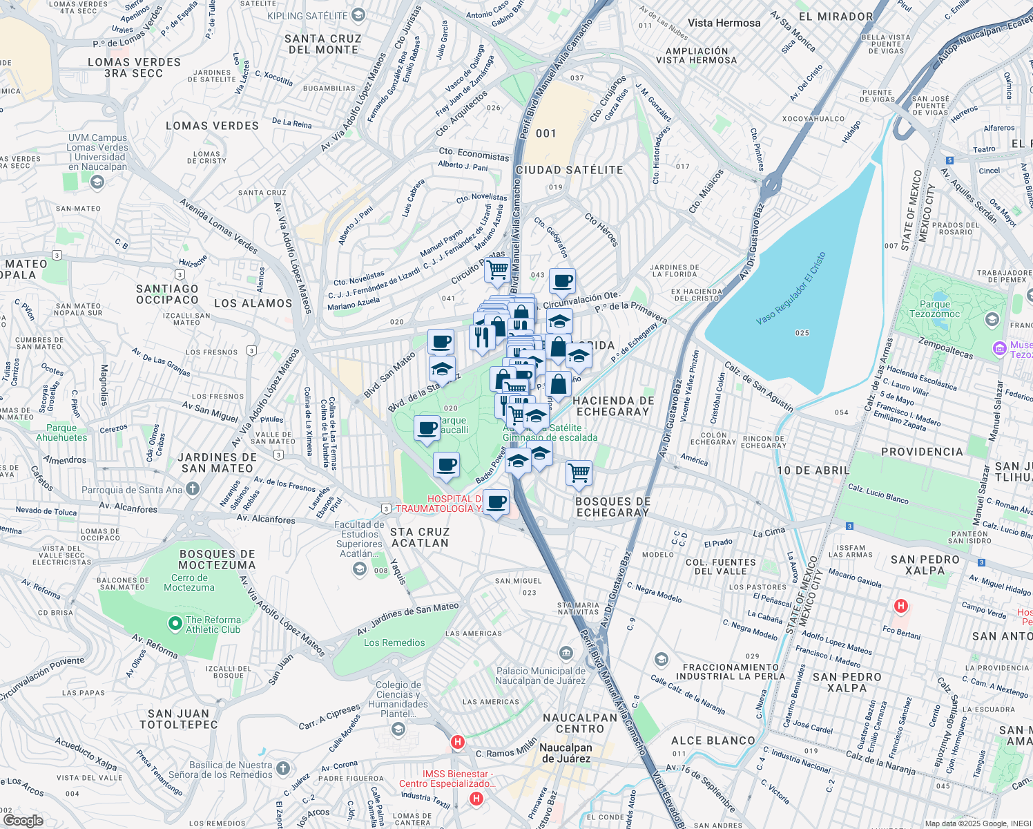 map of restaurants, bars, coffee shops, grocery stores, and more near Periférico Boulevard Manuel Ávila Camacho in Naucalpan de Juárez