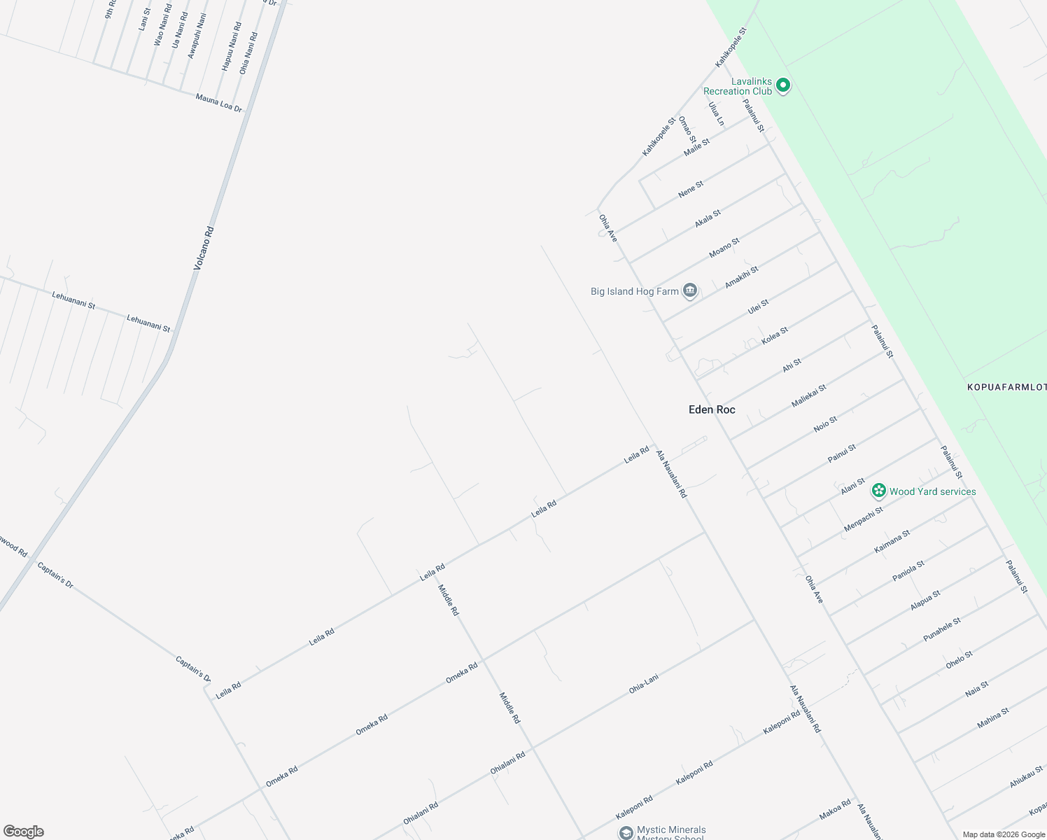 map of restaurants, bars, coffee shops, grocery stores, and more near 113255 Malia Aina Road in Pāhoa