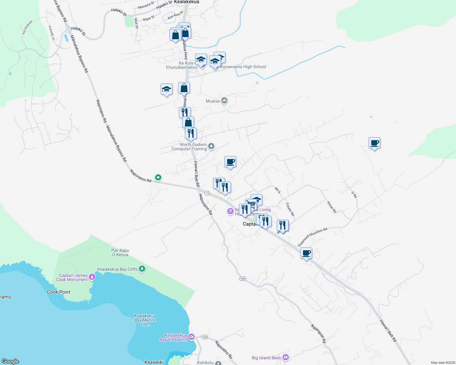 map of restaurants, bars, coffee shops, grocery stores, and more near 81-1054 Haku Nui Road in Captain Cook