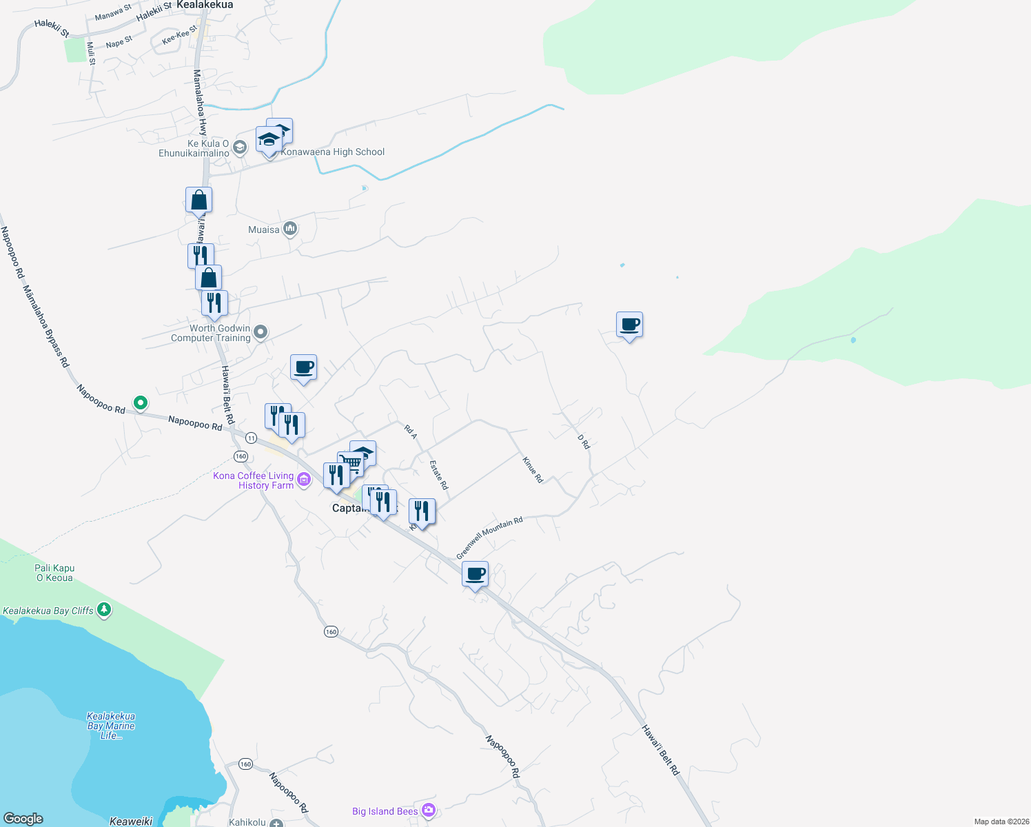 map of restaurants, bars, coffee shops, grocery stores, and more near 82-1161 Kinue Road in Captain Cook