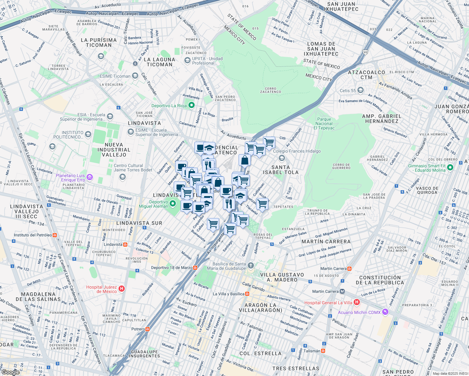 map of restaurants, bars, coffee shops, grocery stores, and more near Terminal in Ciudad de México