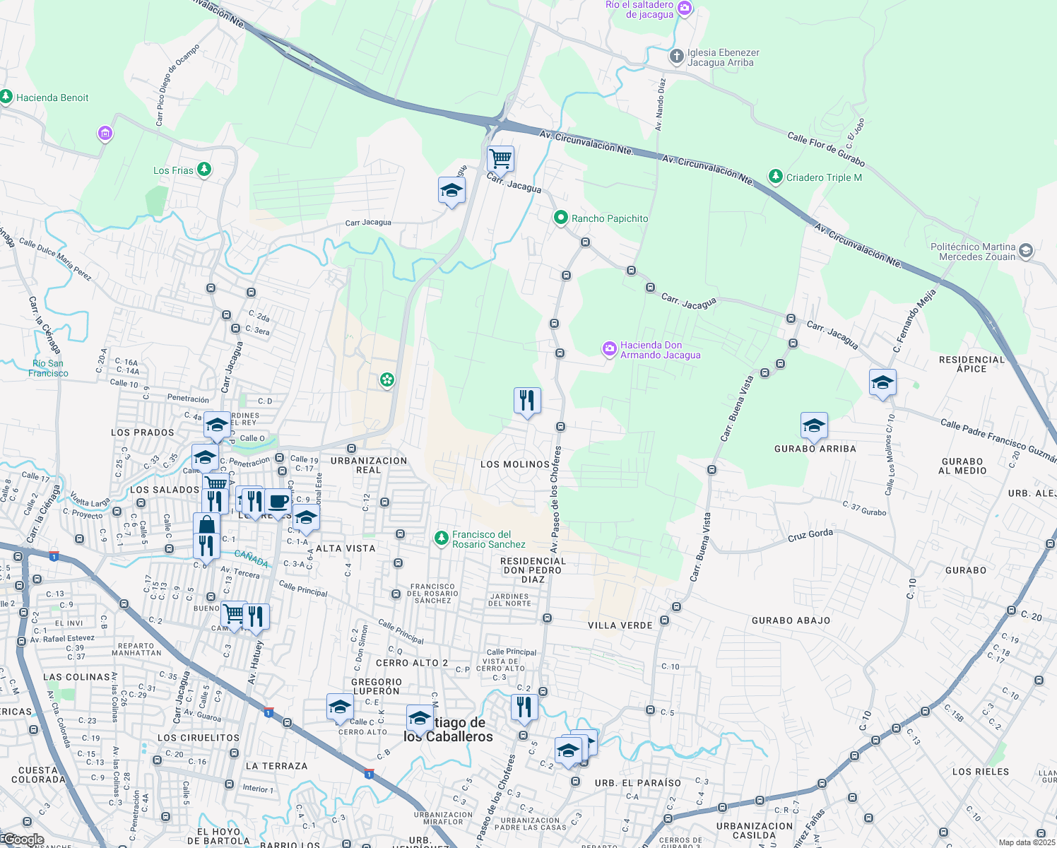 map of restaurants, bars, coffee shops, grocery stores, and more near Calle in Santiago De Los Caballeros