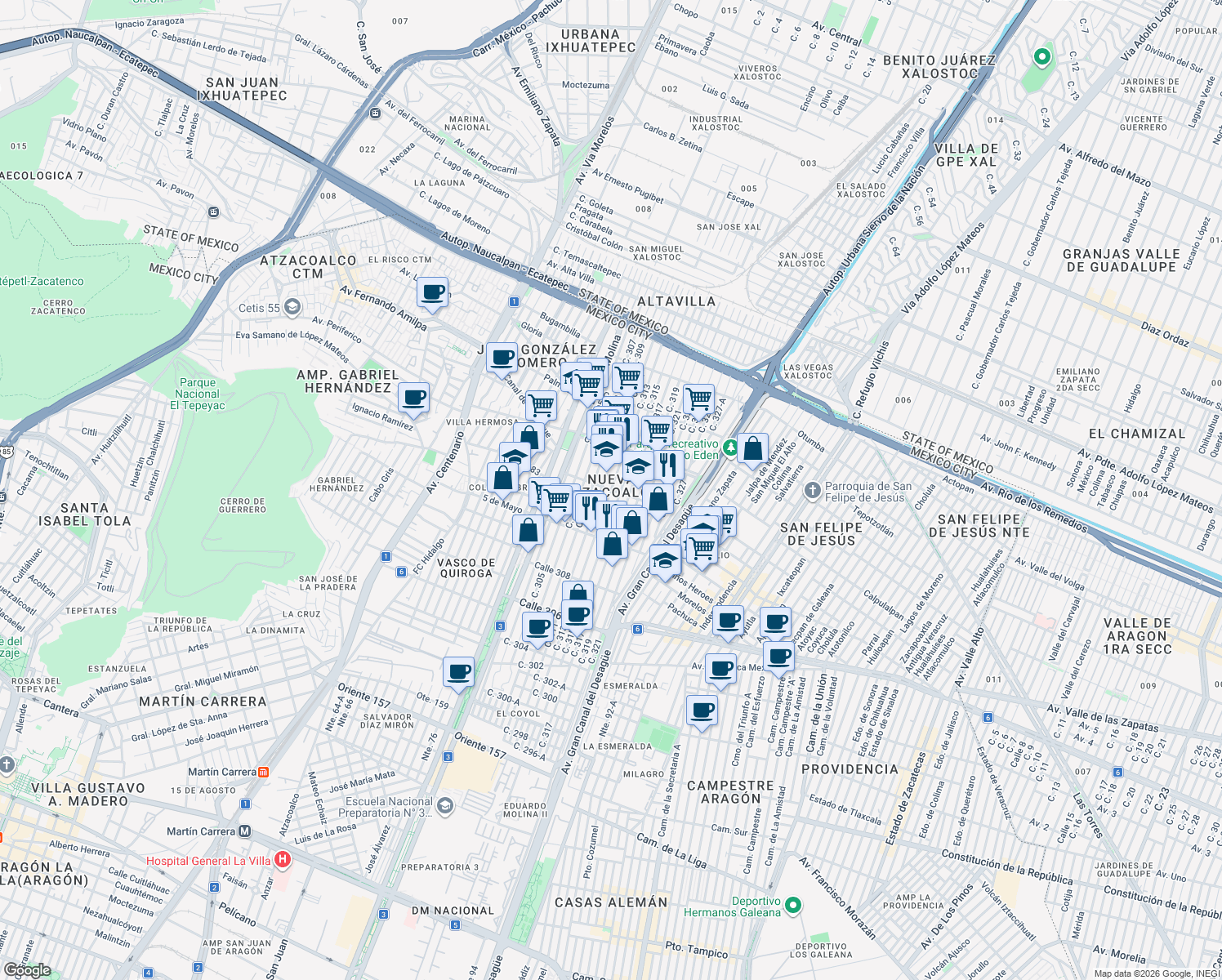 map of restaurants, bars, coffee shops, grocery stores, and more near Calle 313 in Ciudad de México