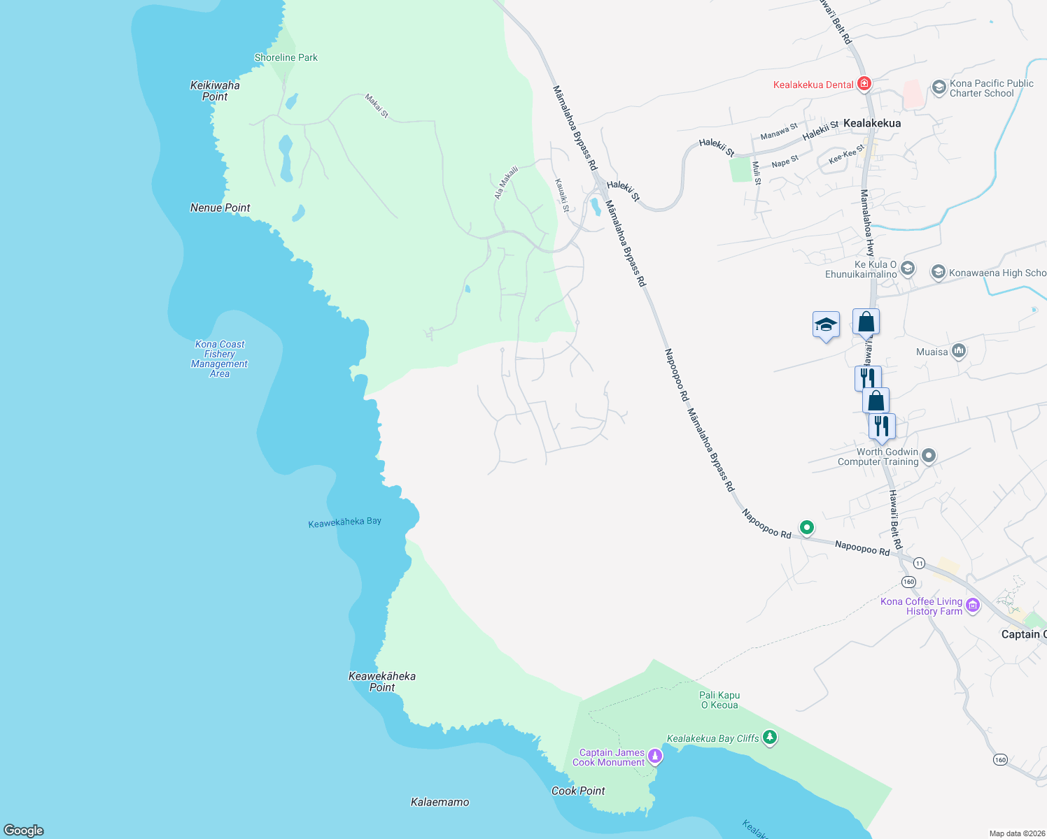 map of restaurants, bars, coffee shops, grocery stores, and more near 81-6506 Mamaka Place in Kealakekua