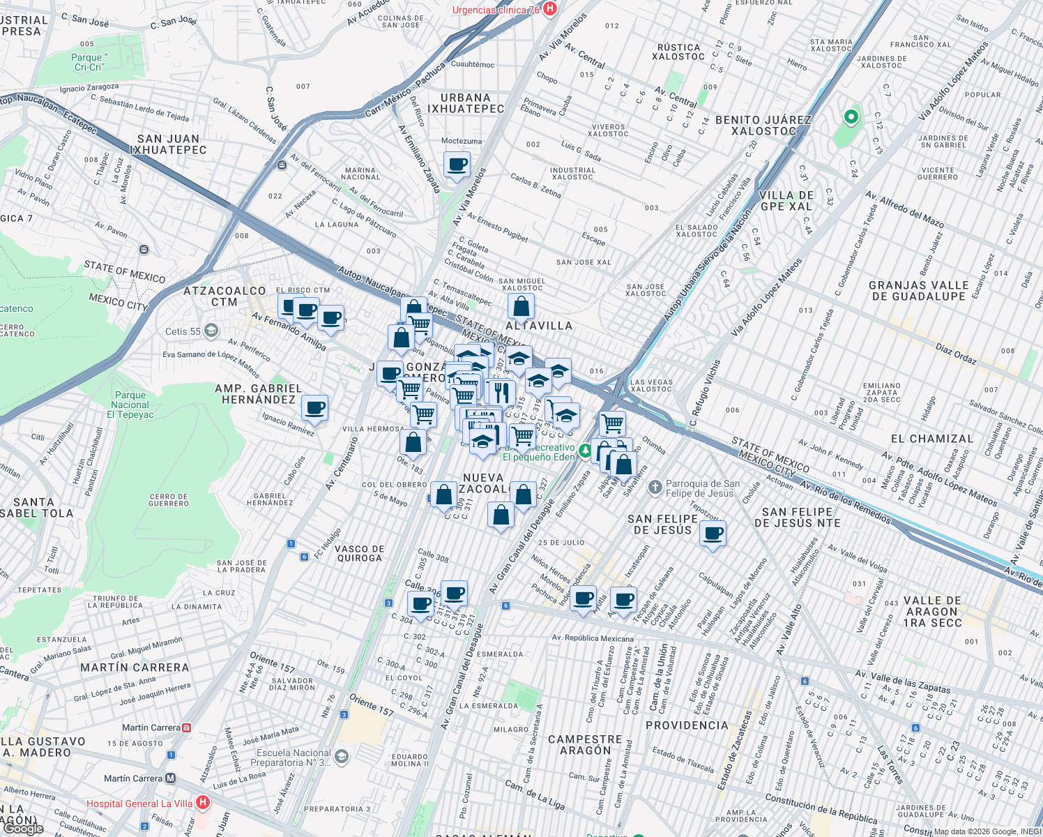 map of restaurants, bars, coffee shops, grocery stores, and more near 802 Calle 317 in Ciudad de México