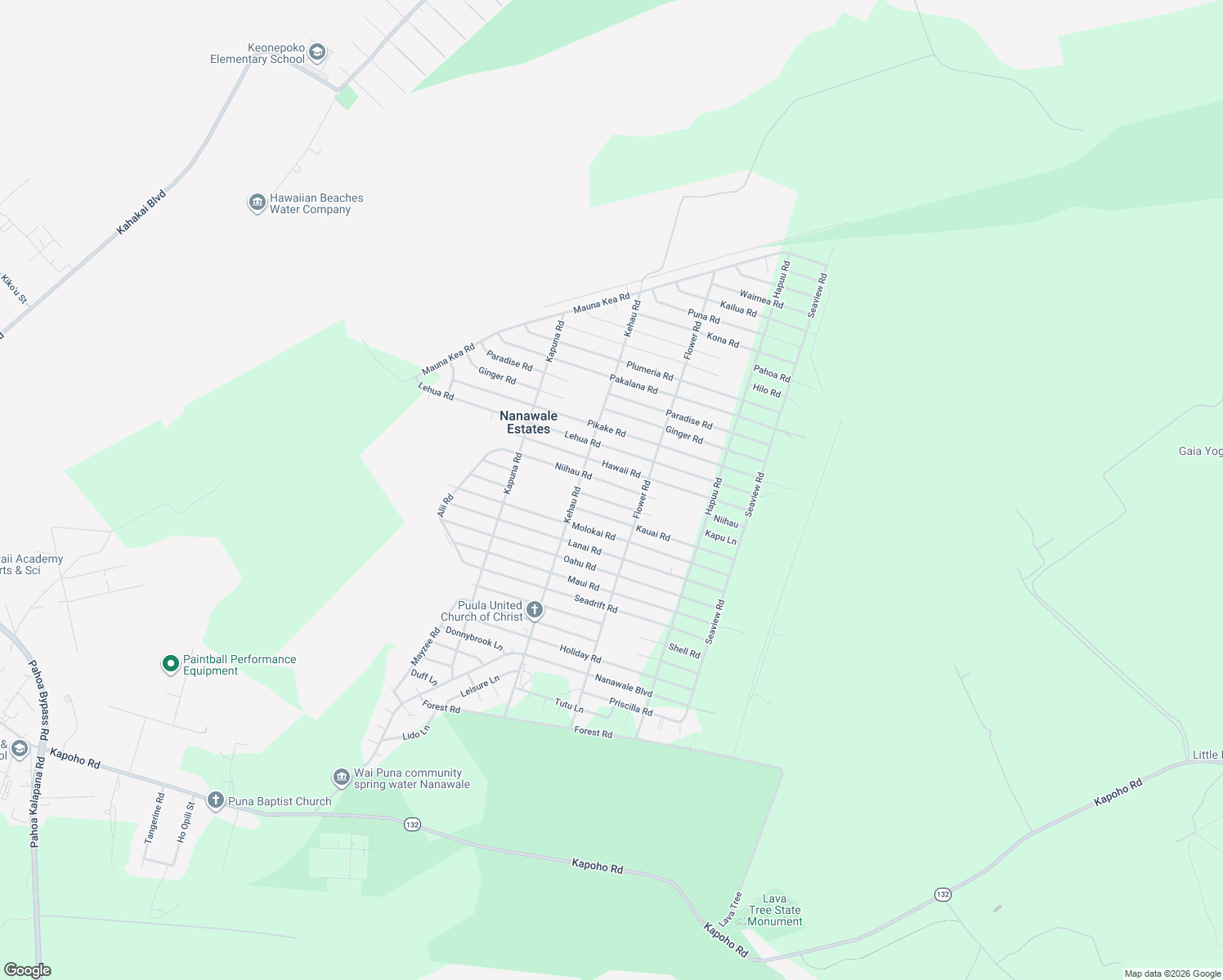 map of restaurants, bars, coffee shops, grocery stores, and more near 14-3524 Niihau Road in Pāhoa