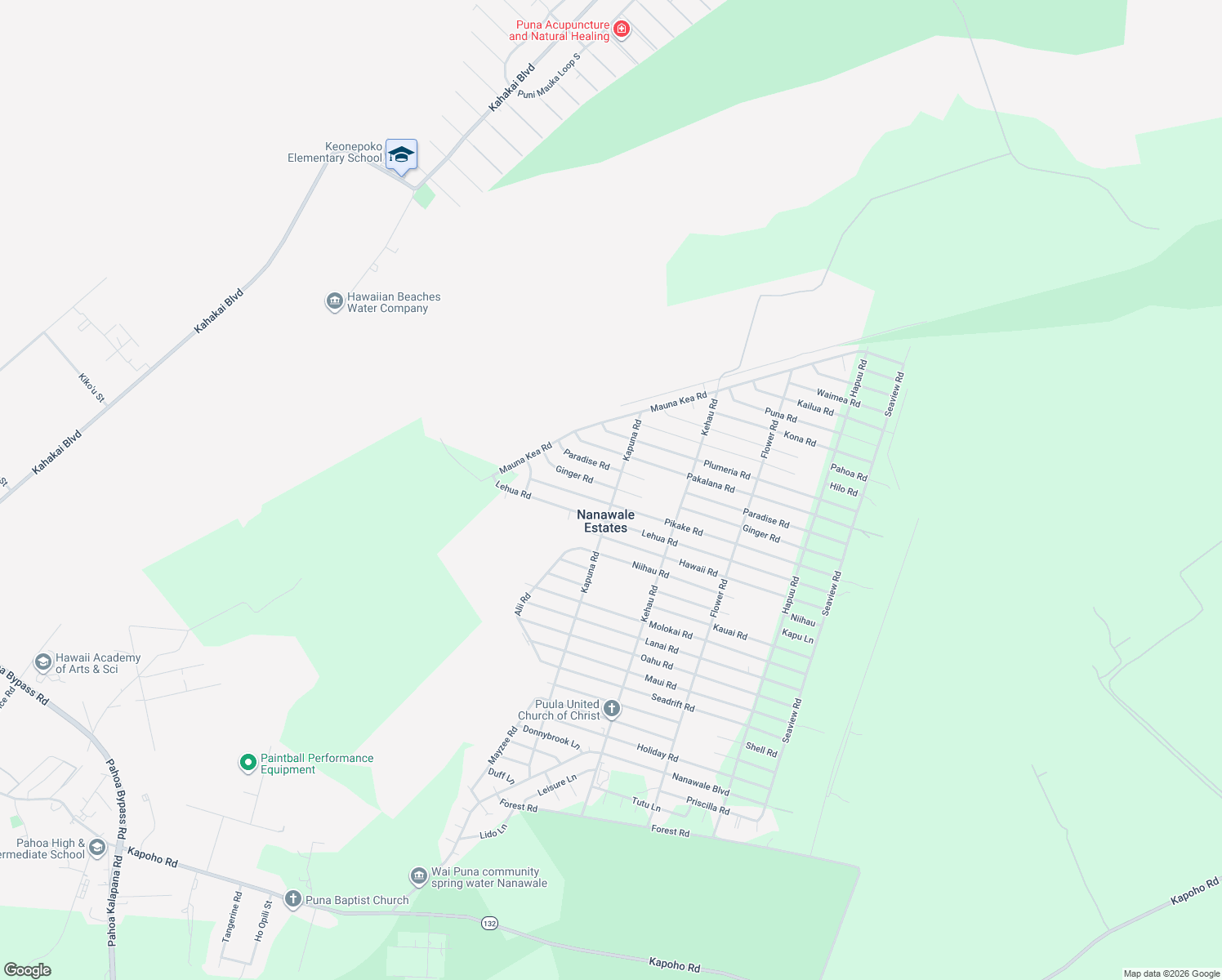 map of restaurants, bars, coffee shops, grocery stores, and more near 14-3396 Ginger Road in Pāhoa