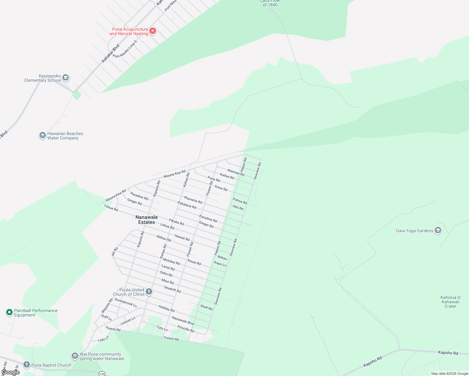map of restaurants, bars, coffee shops, grocery stores, and more near 14-584 Hapuu Road in Pāhoa