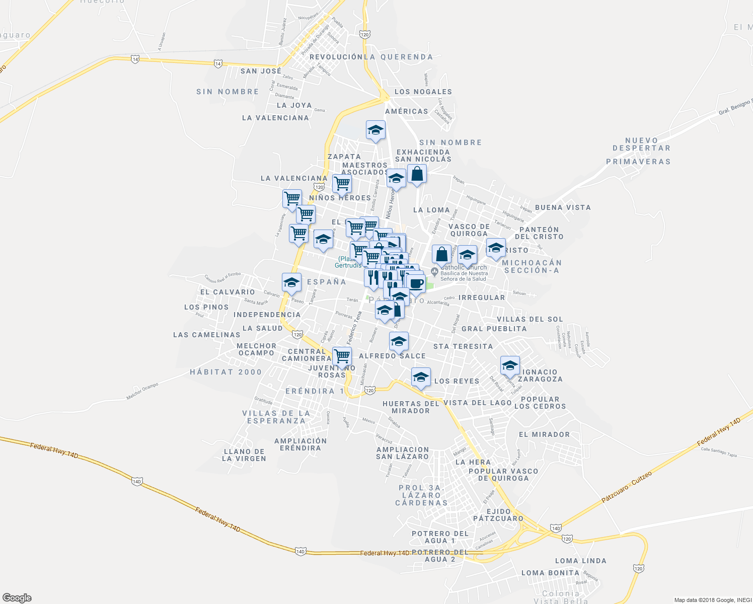 map of restaurants, bars, coffee shops, grocery stores, and more near 16 Ponce de León in Patzcuaro