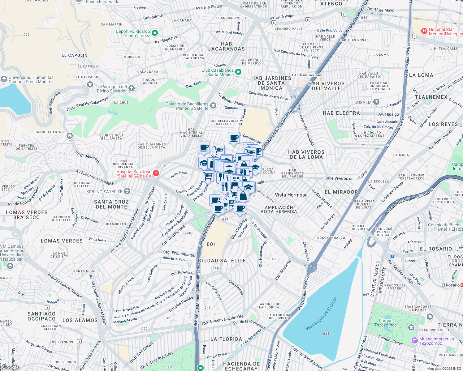 map of restaurants, bars, coffee shops, grocery stores, and more near Boulevard Manuel Ávila Camacho in Naucalpan de Juárez