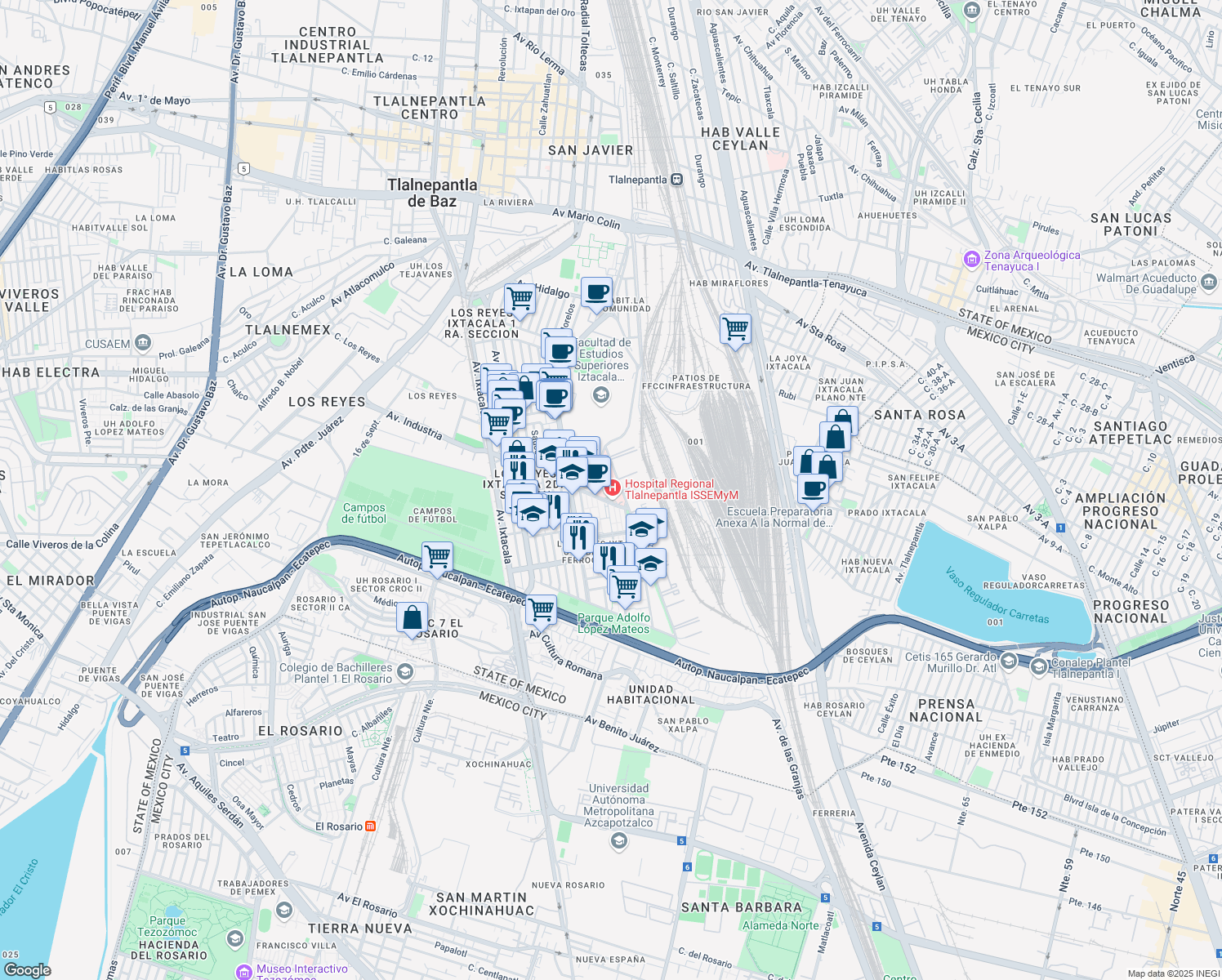 map of restaurants, bars, coffee shops, grocery stores, and more near 28 Porfirio Díaz in Tlalnepantla de Baz