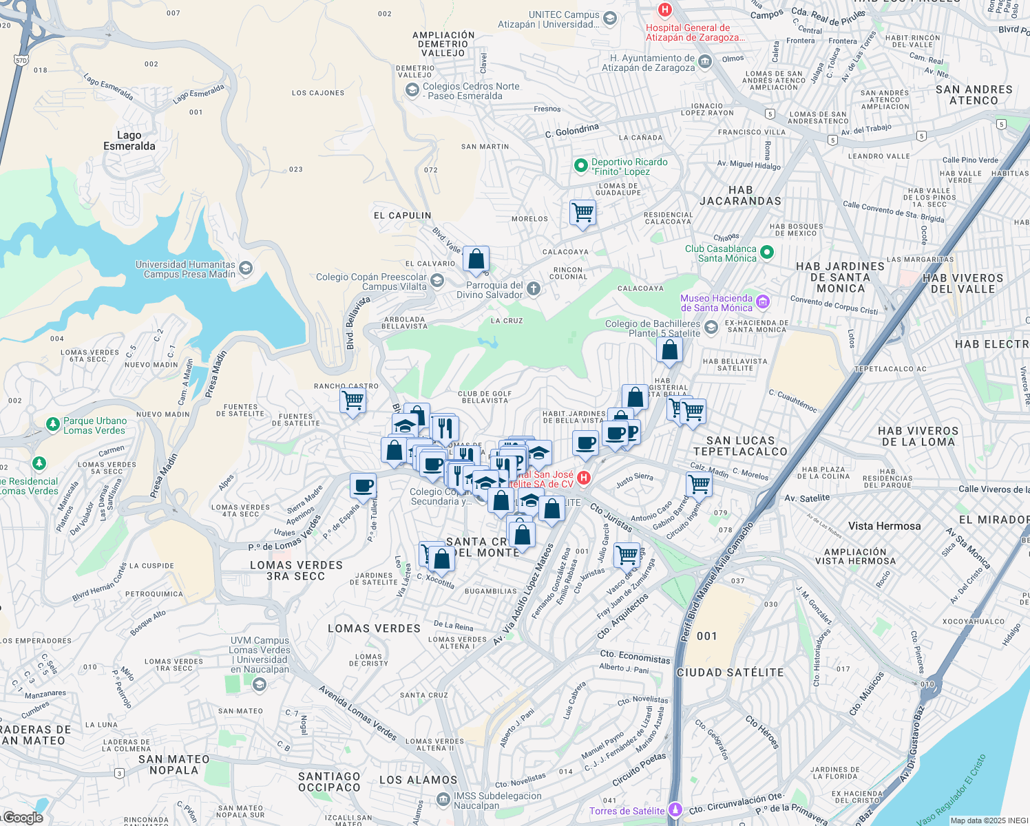 map of restaurants, bars, coffee shops, grocery stores, and more near 36 Calle Roma in Tlalnepantla