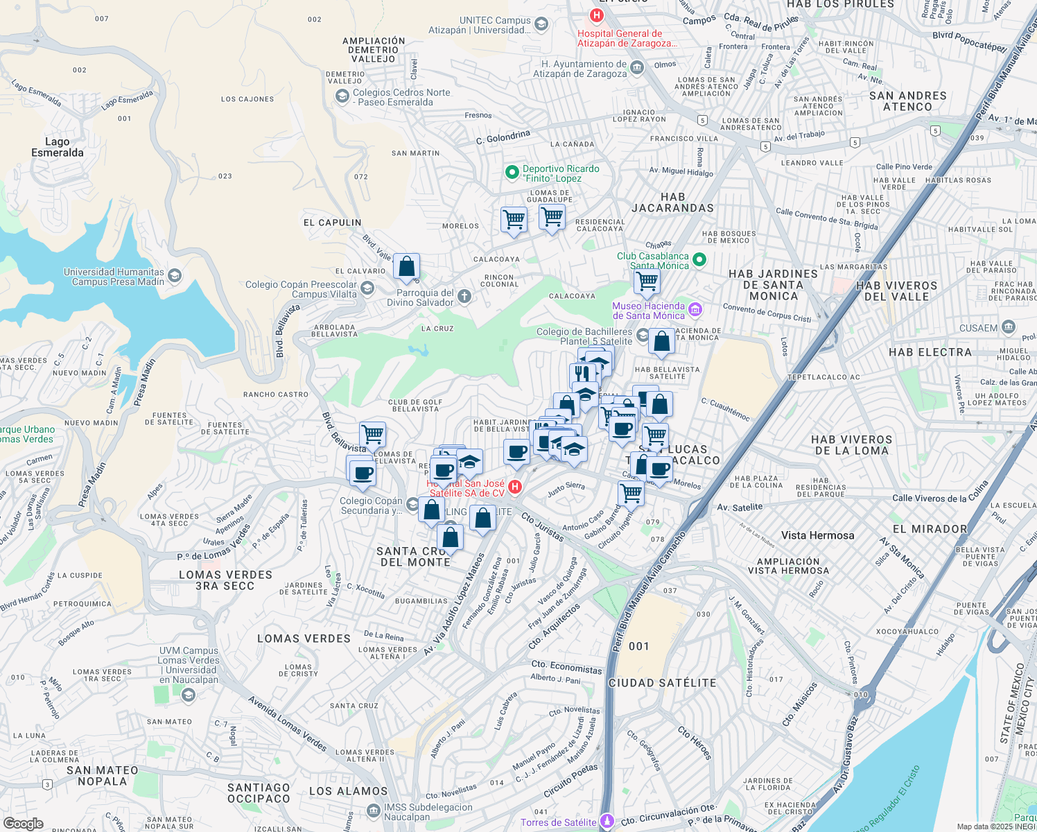 map of restaurants, bars, coffee shops, grocery stores, and more near 36 Calle Roma in Tlalnepantla