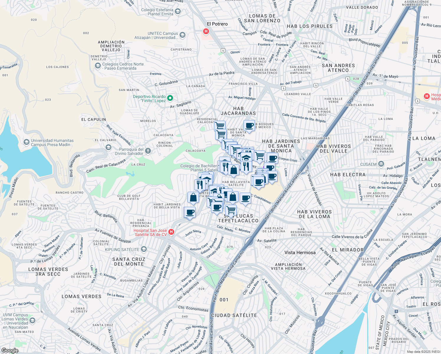 map of restaurants, bars, coffee shops, grocery stores, and more near 27 Circuito Museos Poniente in Tlalnepantla