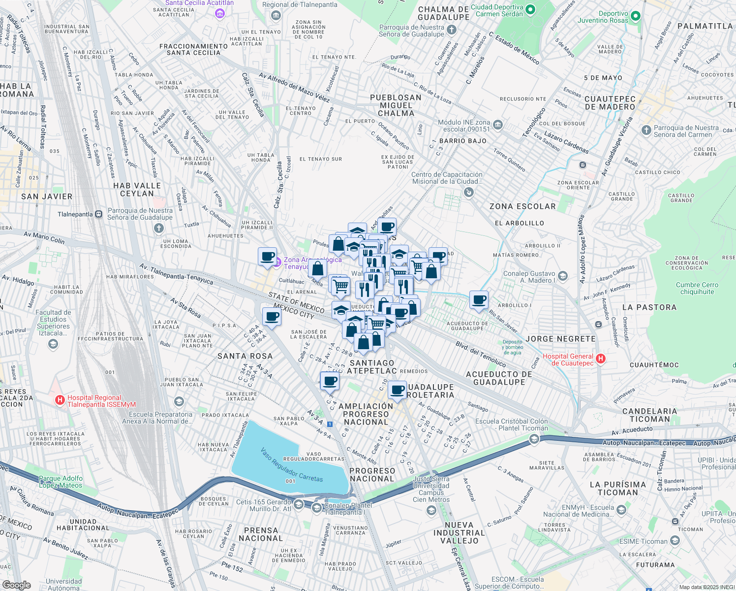 map of restaurants, bars, coffee shops, grocery stores, and more near 28 Porfirio Díaz in Tlalnepantla de Baz