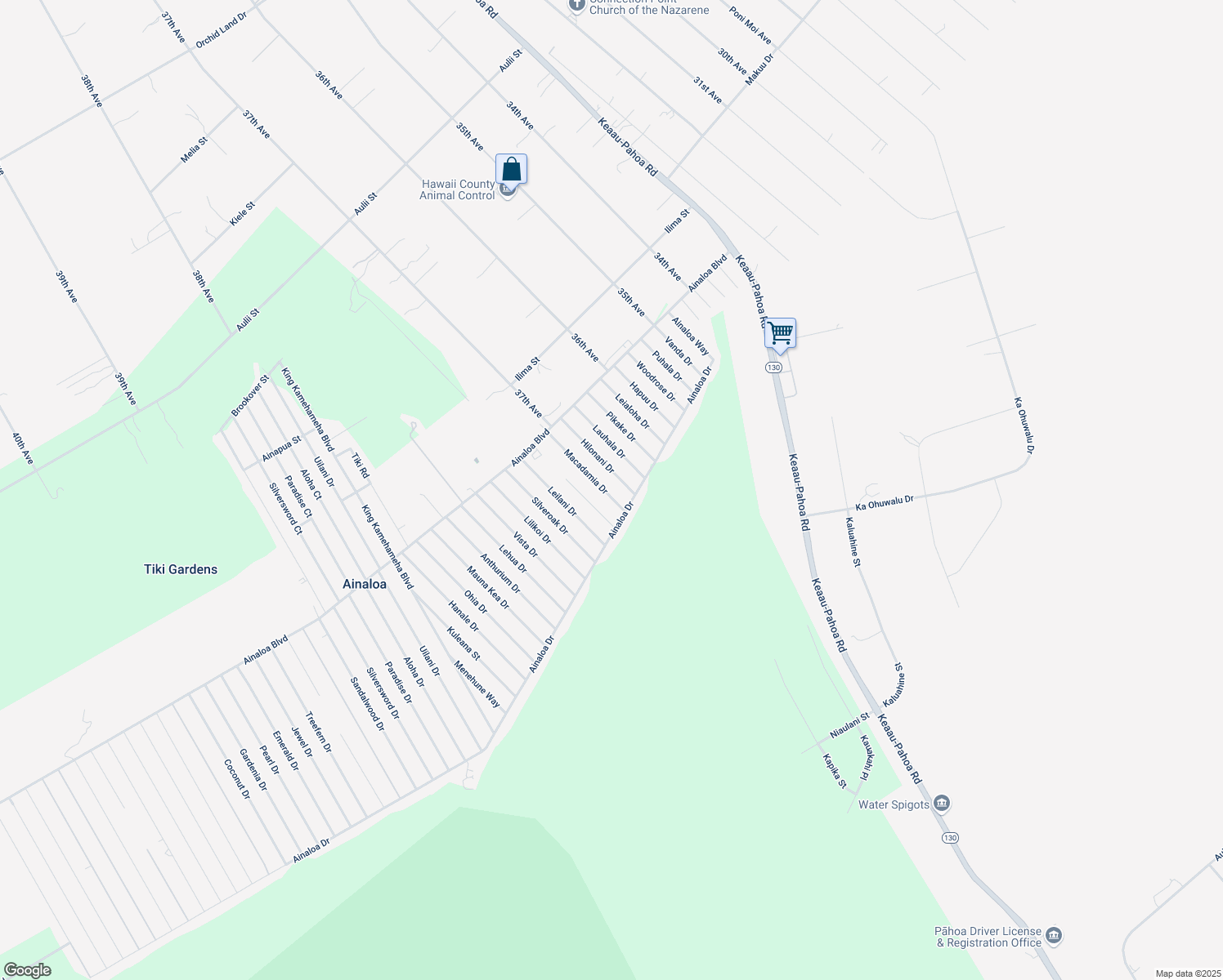 map of restaurants, bars, coffee shops, grocery stores, and more near 16-2097 Macadamia Drive in Pāhoa