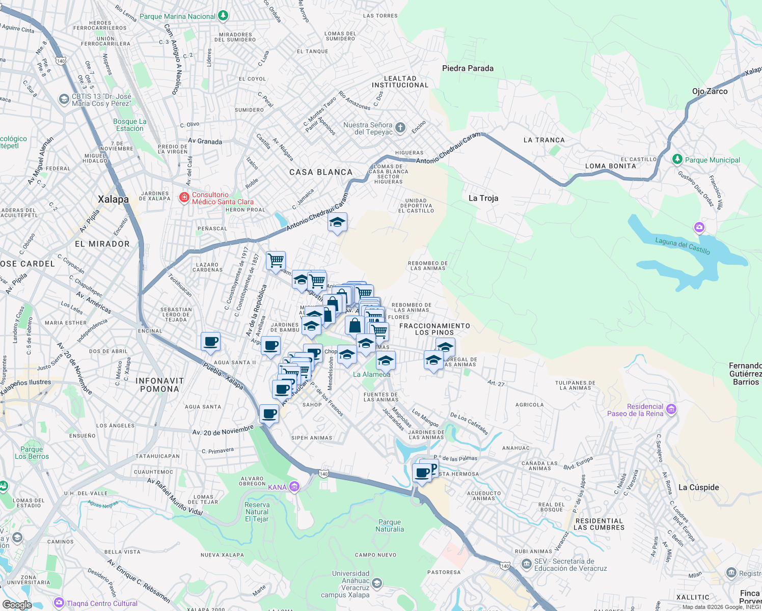 map of restaurants, bars, coffee shops, grocery stores, and more near Calle Camino Antiguo a las Animas in Xalapa-Enríquez