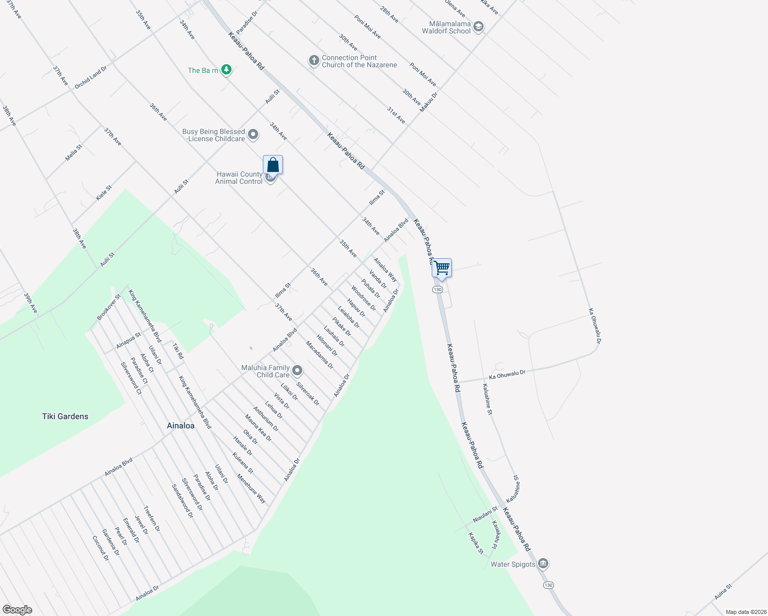 map of restaurants, bars, coffee shops, grocery stores, and more near 16-2088 Puhala Drive in Pāhoa