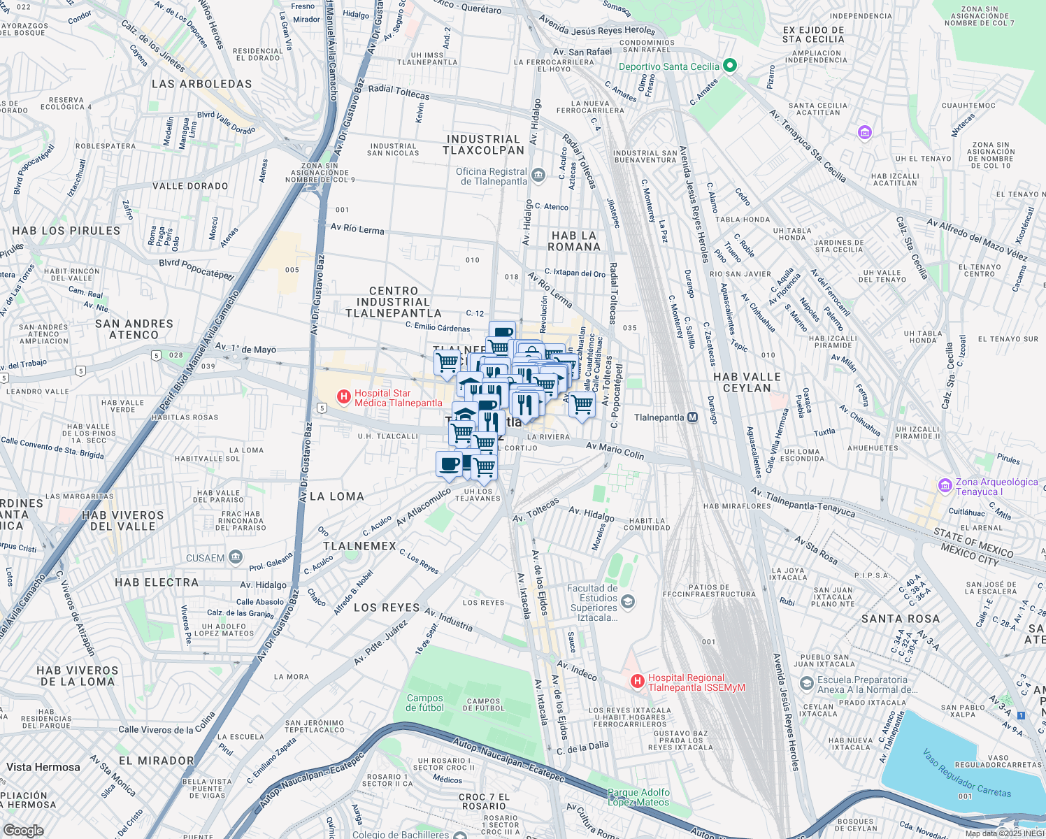 map of restaurants, bars, coffee shops, grocery stores, and more near 33 Avenida Presidente Juárez in Tlalnepantla de Baz