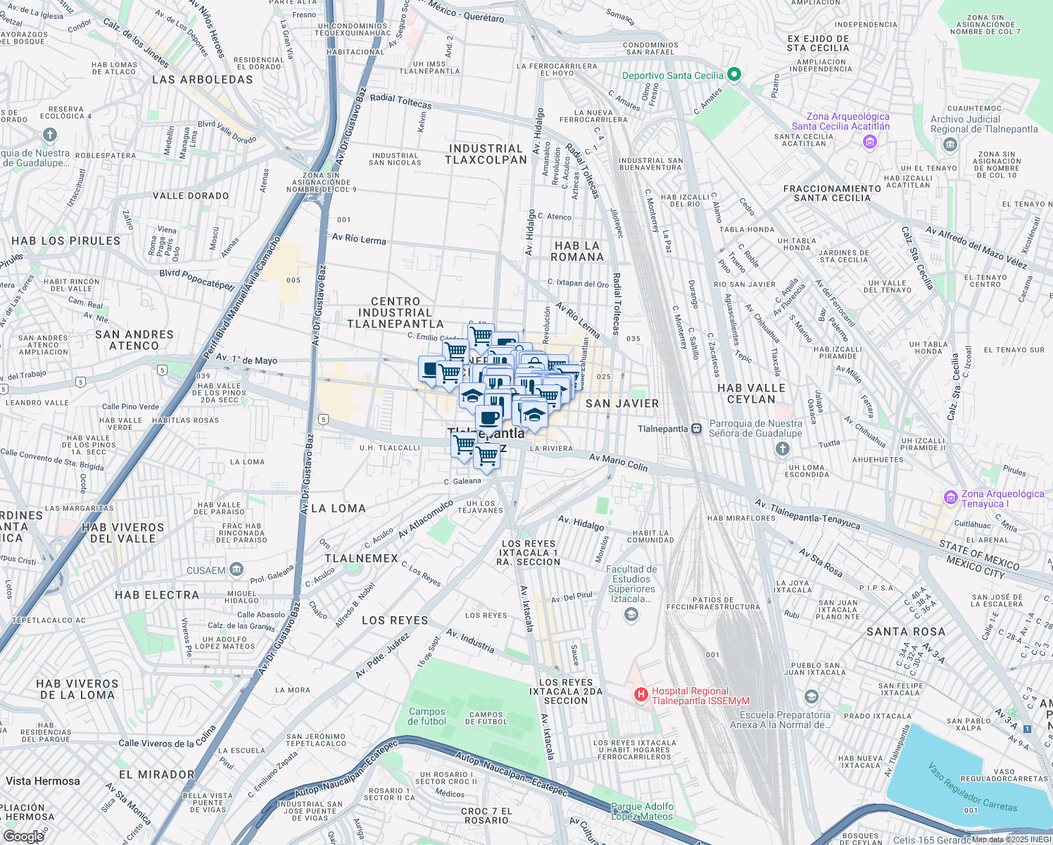map of restaurants, bars, coffee shops, grocery stores, and more near 33 Avenida Presidente Juárez in Tlalnepantla de Baz