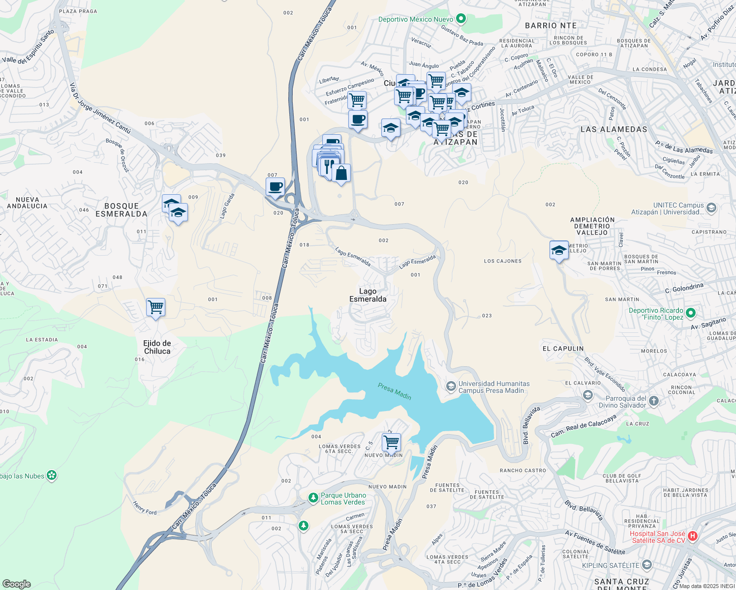 map of restaurants, bars, coffee shops, grocery stores, and more near in Lago Esmeralda