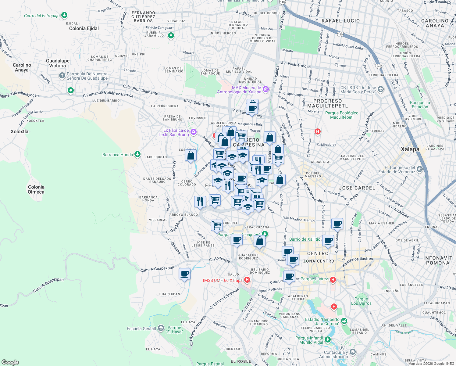 map of restaurants, bars, coffee shops, grocery stores, and more near in Xalapa-Enríquez