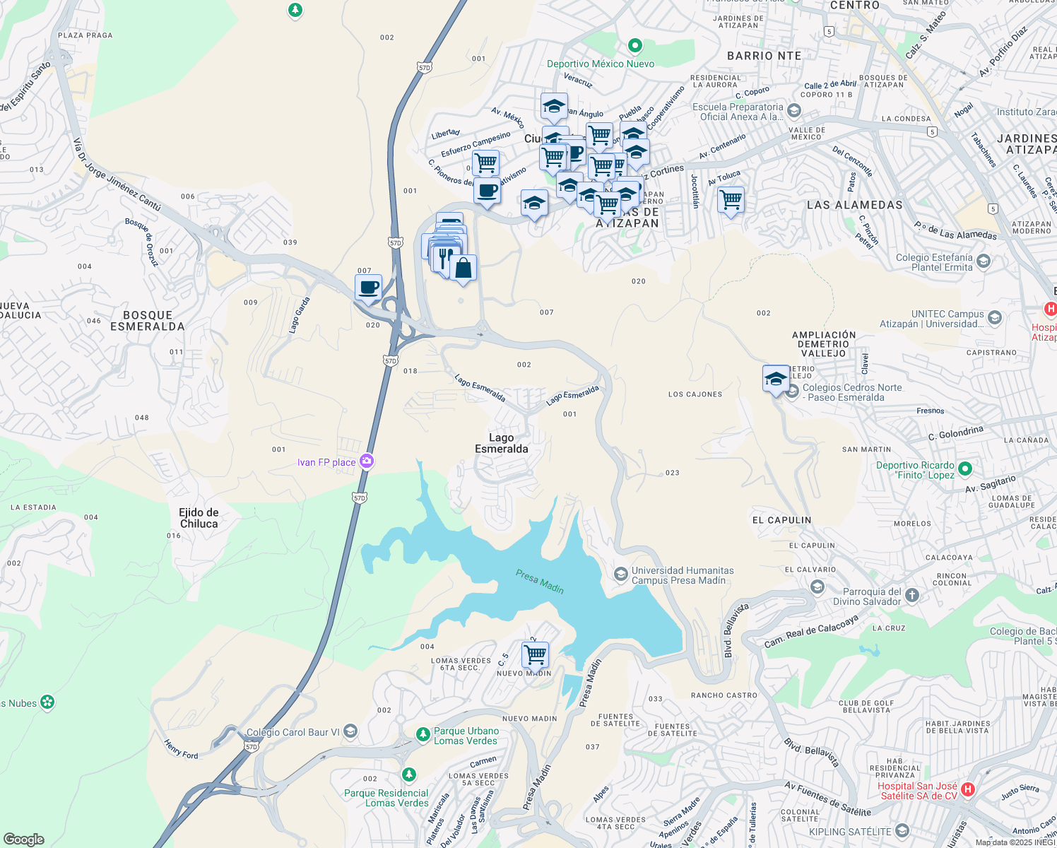 map of restaurants, bars, coffee shops, grocery stores, and more near Lago Esmeralda in Ciudad López Mateos
