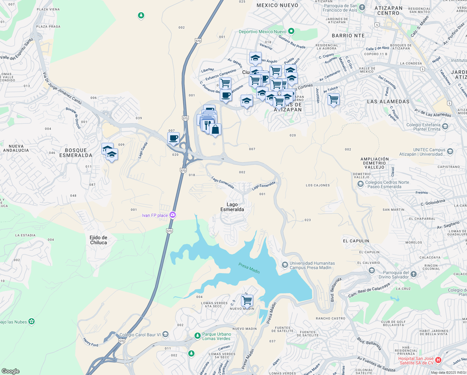 map of restaurants, bars, coffee shops, grocery stores, and more near Lago Esmeralda in Ciudad López Mateos