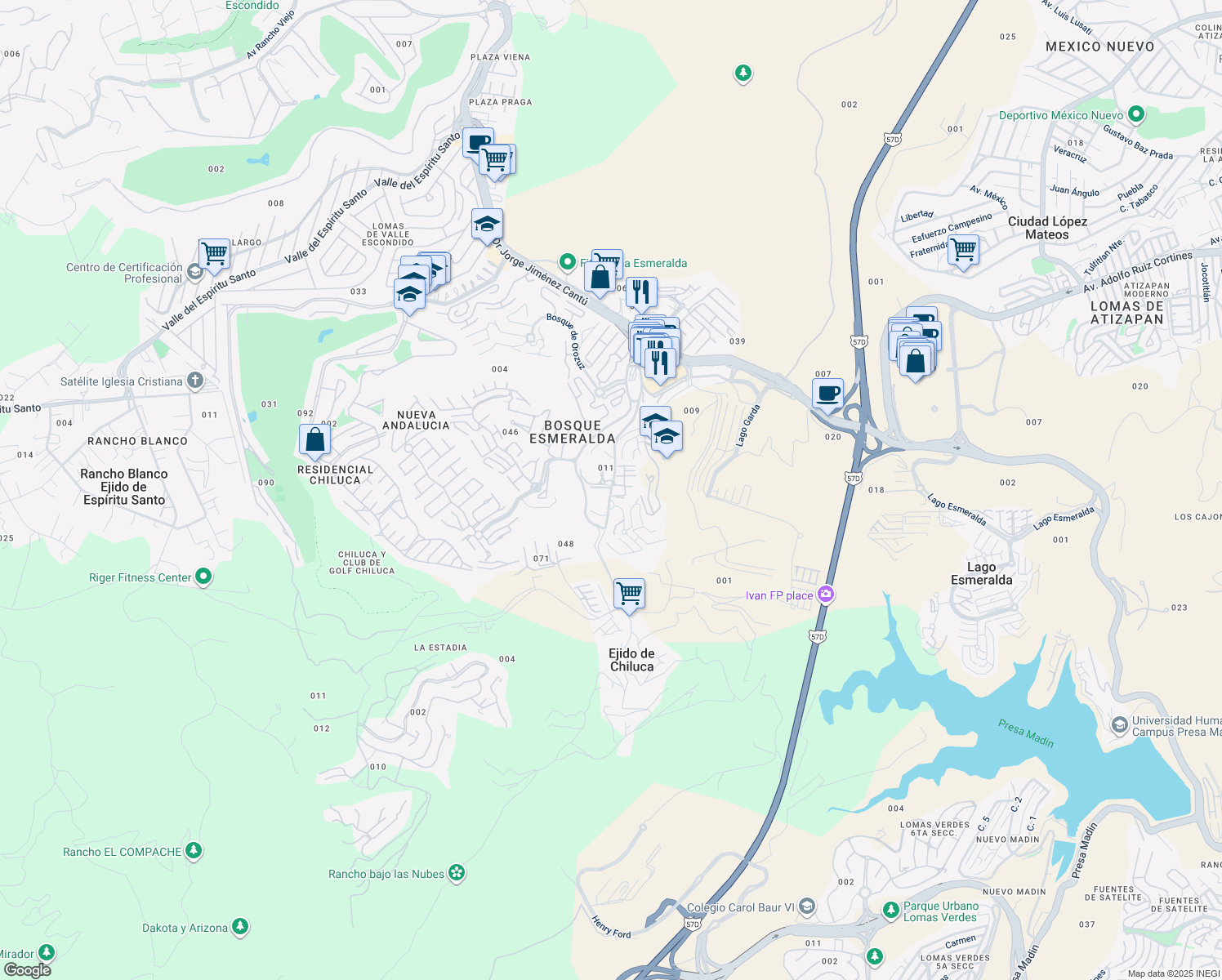 map of restaurants, bars, coffee shops, grocery stores, and more near 9 Avenida Bosque Esmeralda Oriente in Ciudad López Mateos
