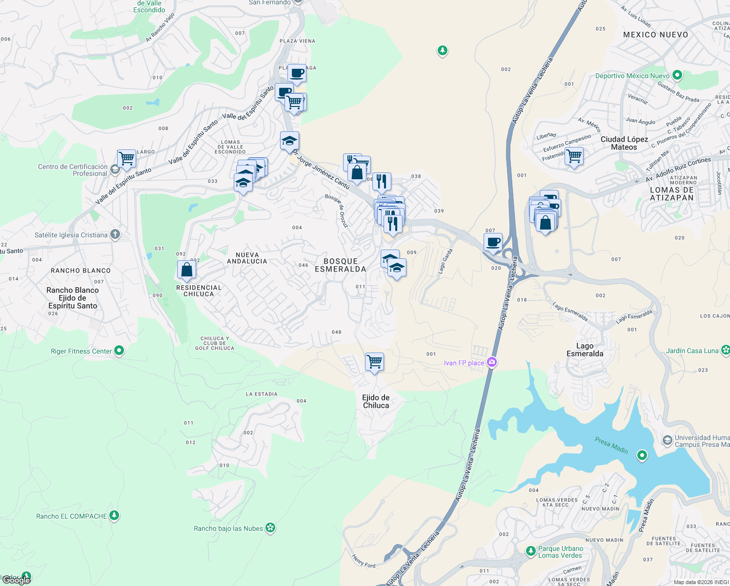 map of restaurants, bars, coffee shops, grocery stores, and more near 9 Avenida Bosque Esmeralda Oriente in Ciudad López Mateos