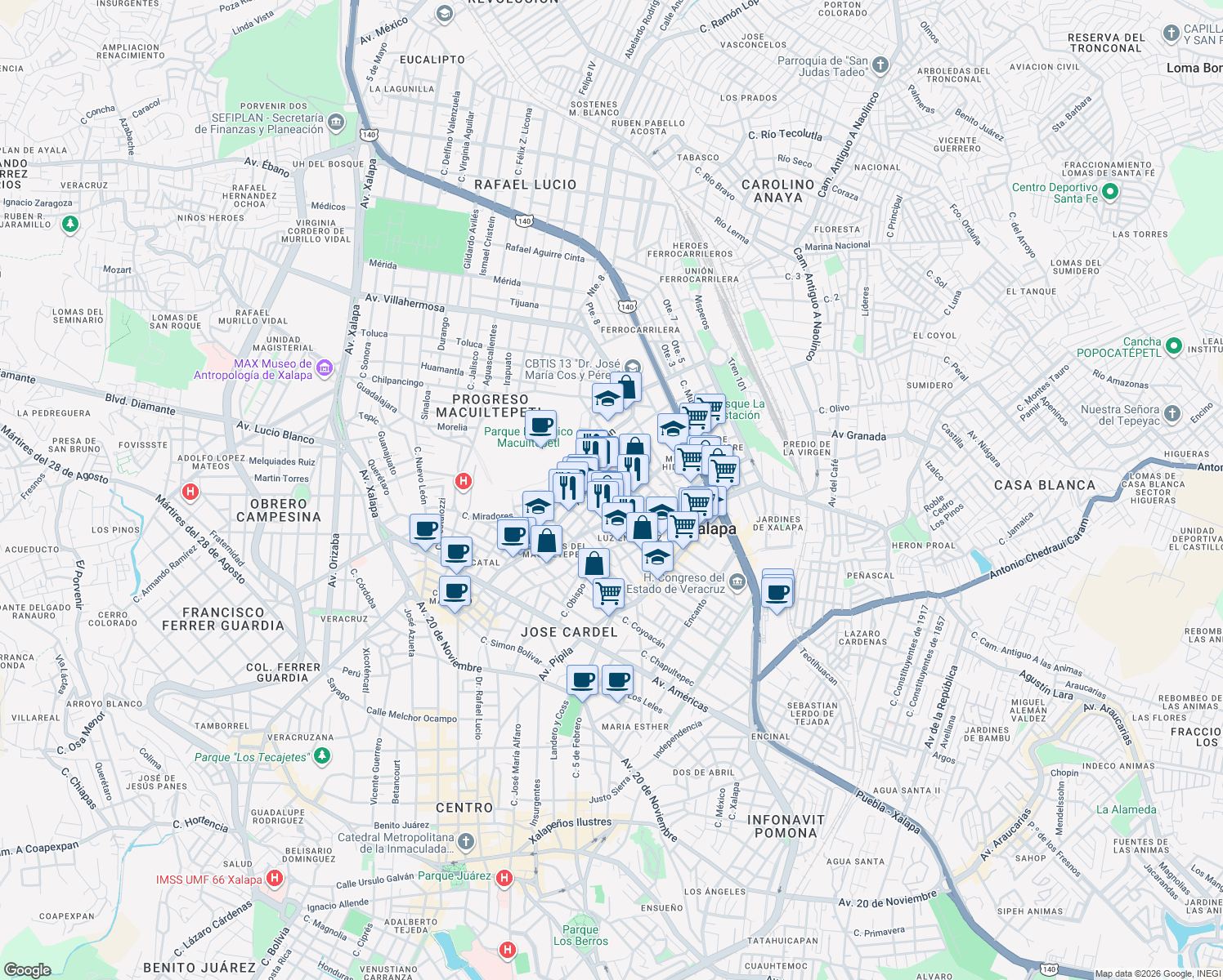 map of restaurants, bars, coffee shops, grocery stores, and more near Calle Gobernador Herrera Tejeda in Xalapa-Enríquez