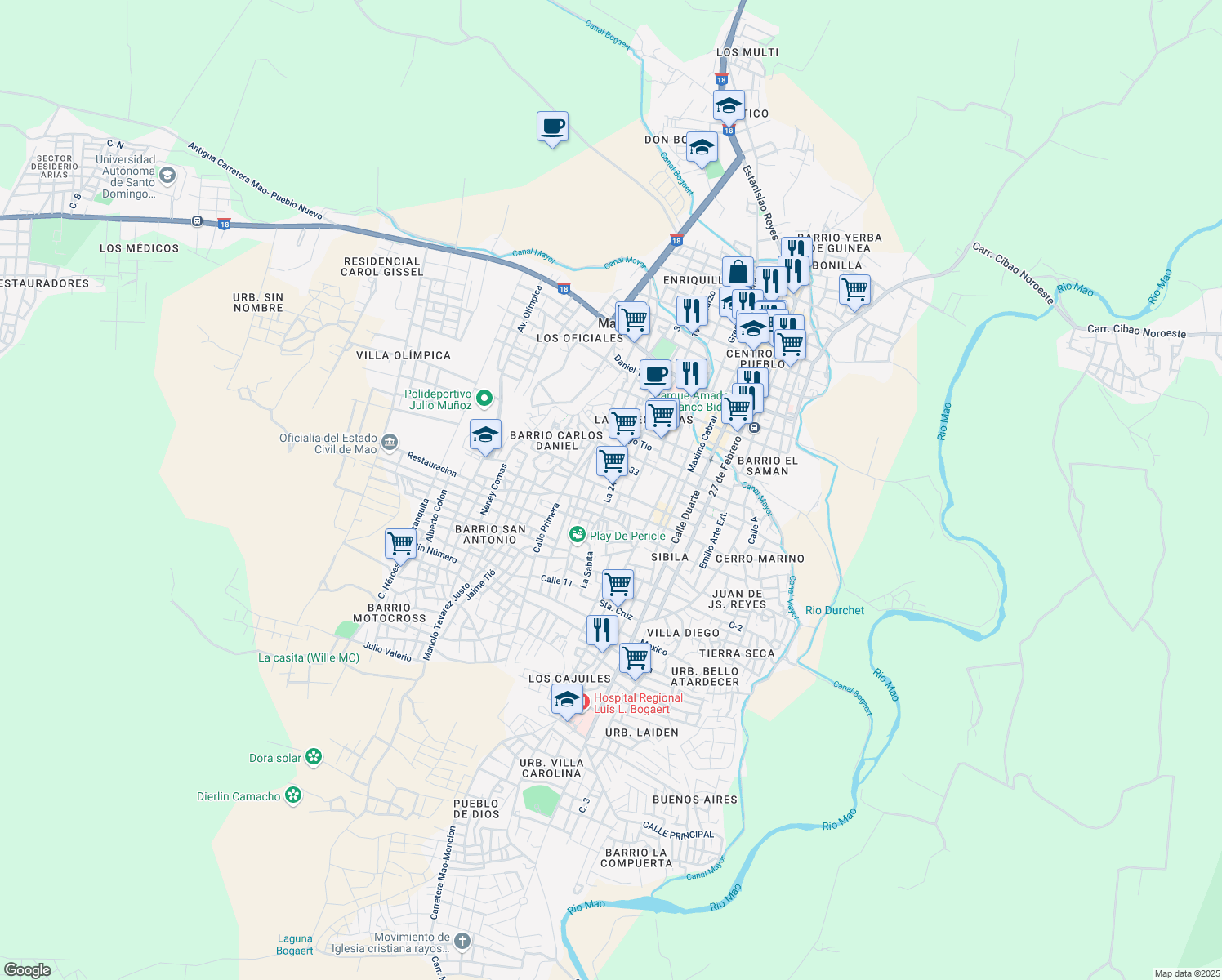 map of restaurants, bars, coffee shops, grocery stores, and more near Sabita Rodriguez in Mao