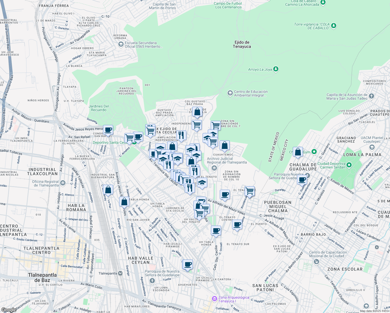 map of restaurants, bars, coffee shops, grocery stores, and more near Calle Coacalco in Tlalnepantla