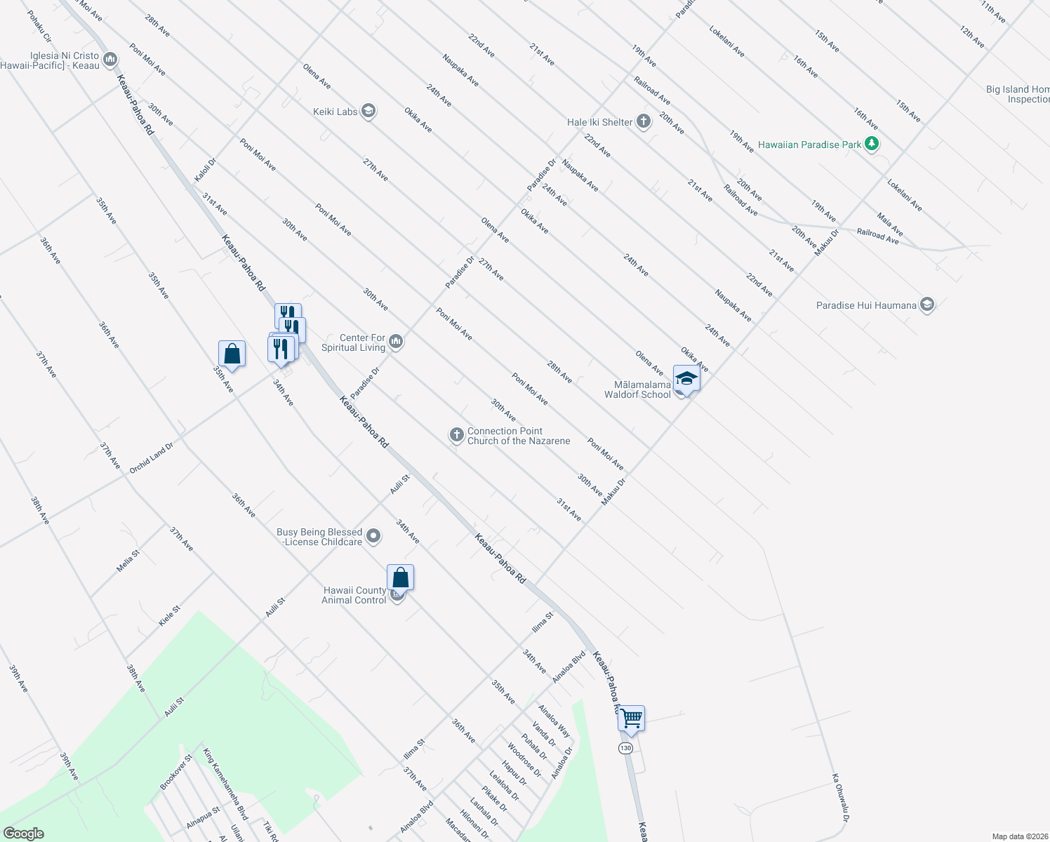 map of restaurants, bars, coffee shops, grocery stores, and more near 15-1871 30th Avenue in Keaau