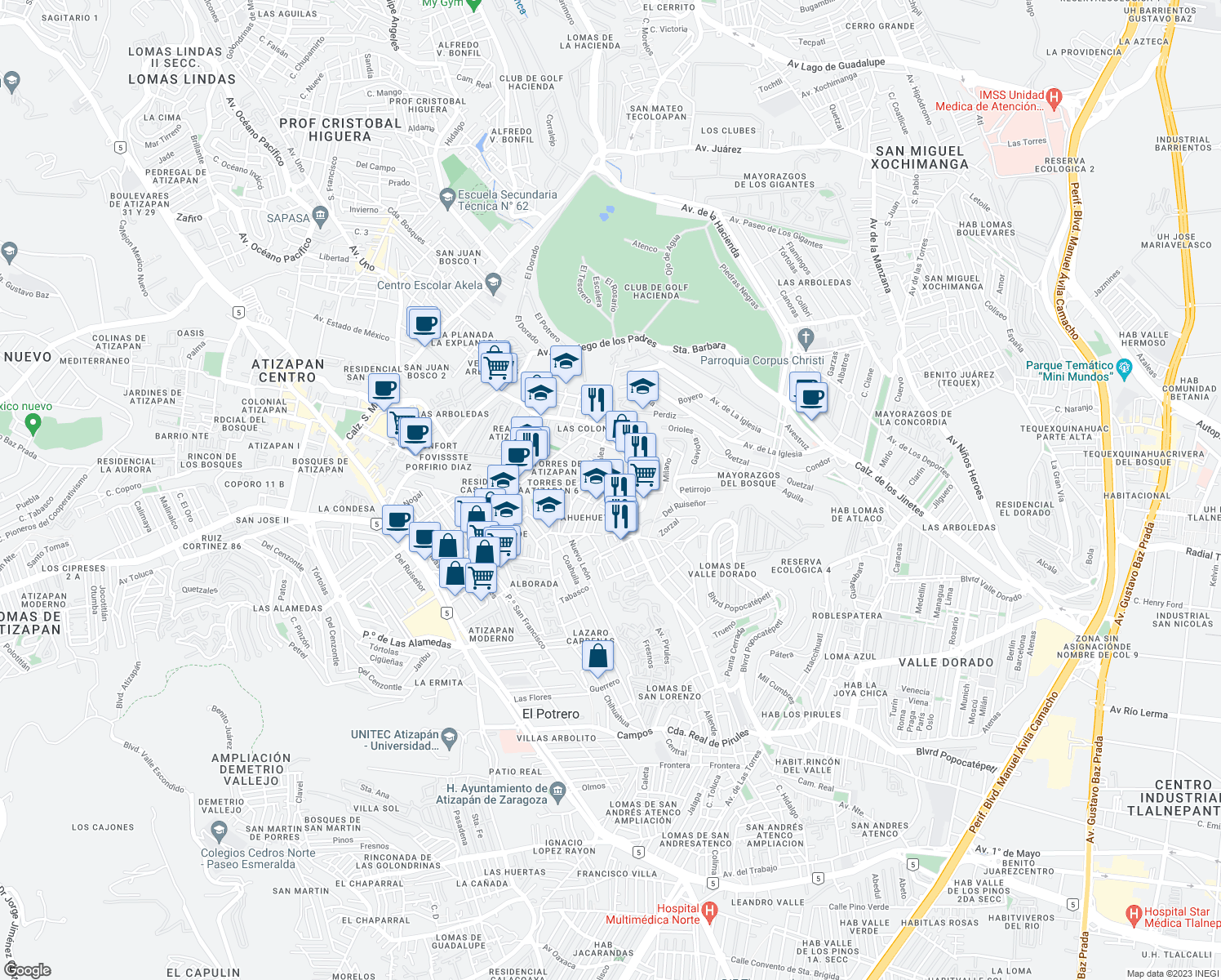 map of restaurants, bars, coffee shops, grocery stores, and more near 50C 5 de Mayo in Atizapan de Zaragoza