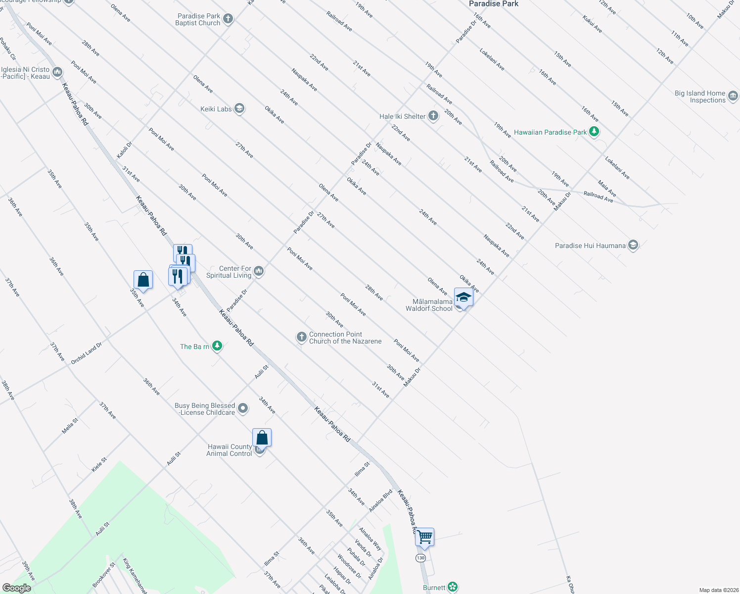 map of restaurants, bars, coffee shops, grocery stores, and more near 15-1868 28th Avenue in Keaau