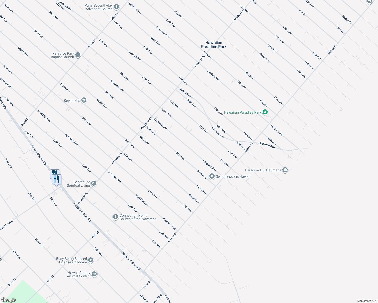 map of restaurants, bars, coffee shops, grocery stores, and more near 15-1868 23rd Avenue in Keaau