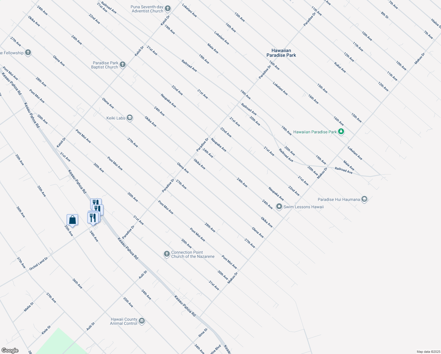 map of restaurants, bars, coffee shops, grocery stores, and more near 15-1817 25th Avenue in Keaau
