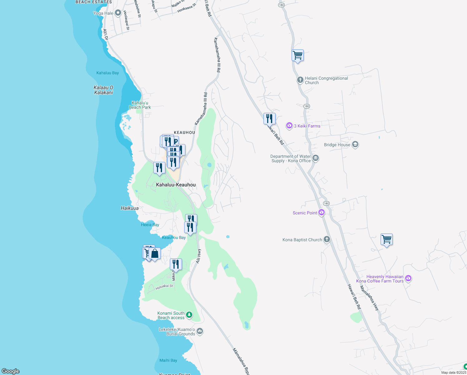 map of restaurants, bars, coffee shops, grocery stores, and more near 78-7011 Mololani Street in Kailua-Kona