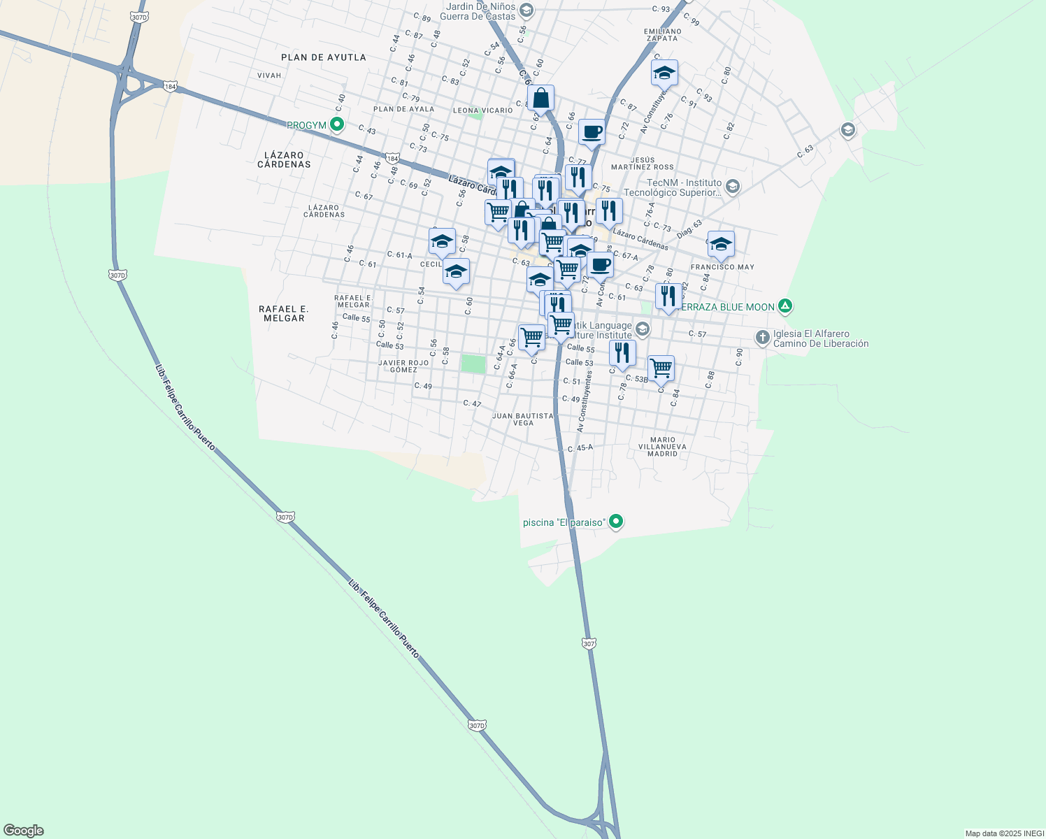 map of restaurants, bars, coffee shops, grocery stores, and more near in Felipe Carrillo Puerto