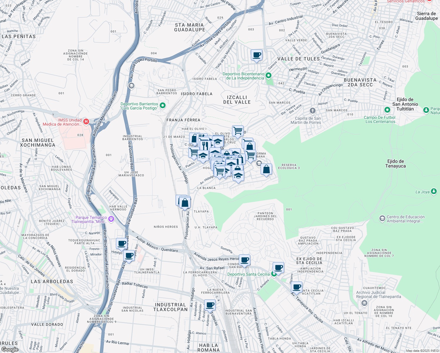 map of restaurants, bars, coffee shops, grocery stores, and more near Gustavo Baz in Tlalnepantla