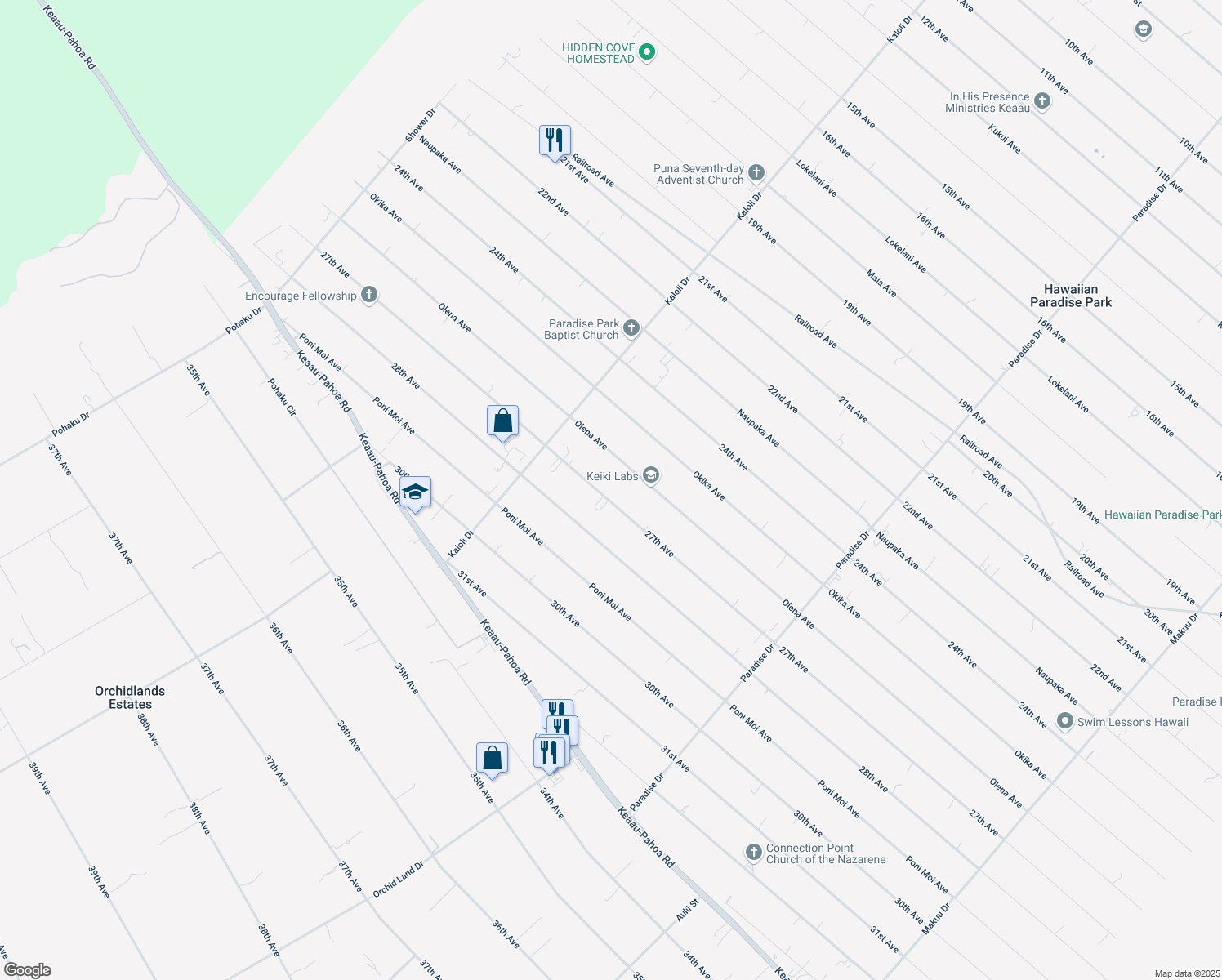 map of restaurants, bars, coffee shops, grocery stores, and more near 15-1589 27th Avenue in Keaau