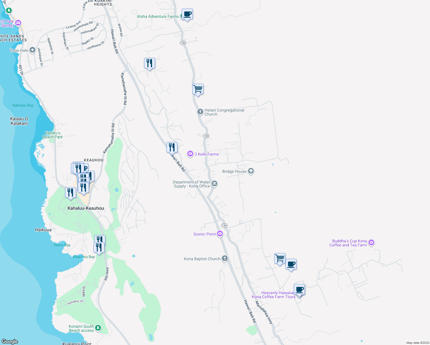 map of restaurants, bars, coffee shops, grocery stores, and more near 78-6685 Mamalahoa Highway in Holualoa