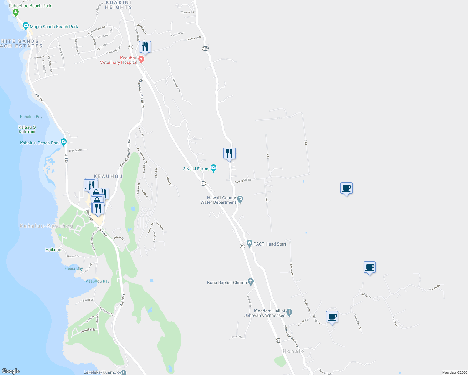 map of restaurants, bars, coffee shops, grocery stores, and more near Mamalahoa Hwy in Honalo